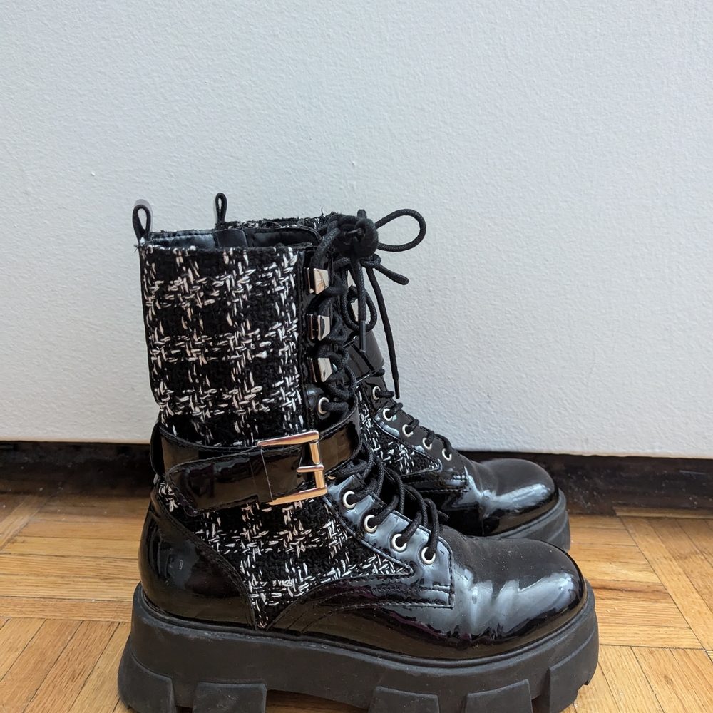 Chic Black Patent Leather Combat Boots
